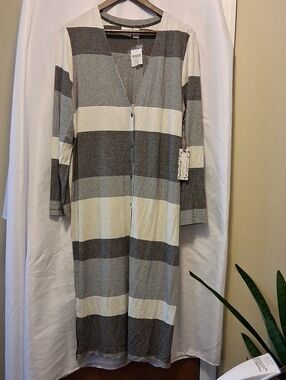 Zenergy Retreat By Chicos Striped Soft Duster Cardigan Size 2/L Cream/Gray